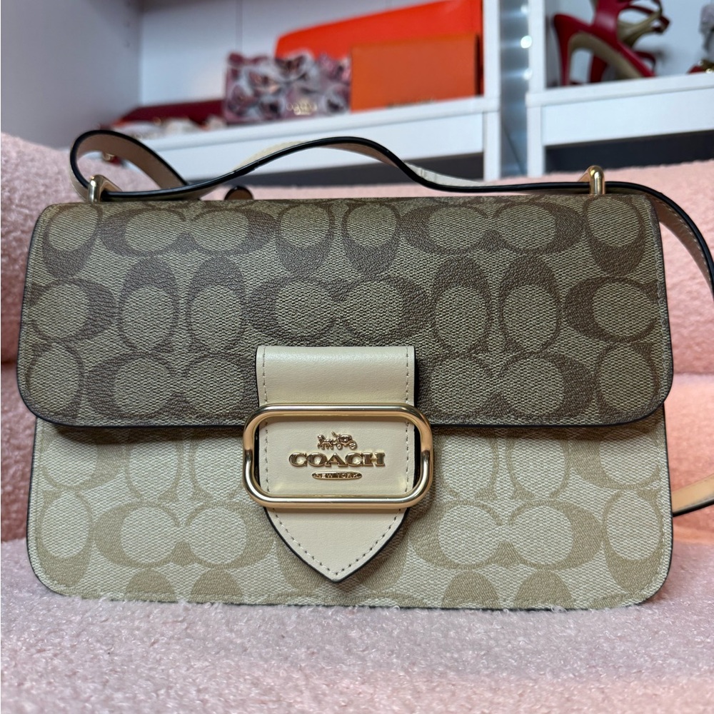 Coach Tan and Cream Shoulder Bag with Monogram Pattern